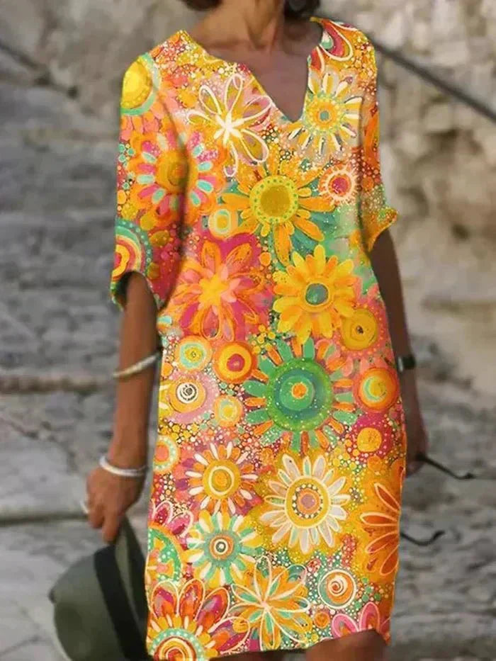 6X7W2024-Zomer-Halve-Mouwen-Bloem-Vintage-Dame-Mini-Jurk-Elegante-V-Hals-Pullover-Midi-Jurk-Witte-863037_4231a528-4496-4f3c-9653-28c70b0a141b Nira | Vibrant Floral Midi Dress - Image 1